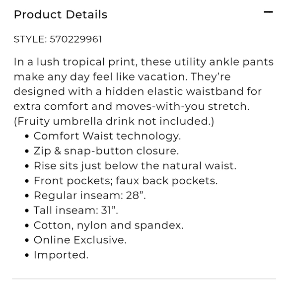 nwt CHICO'S comfort waist luxe tropical cuffed pant 1 ankle length trouser 8/M - Picture 3 of 11